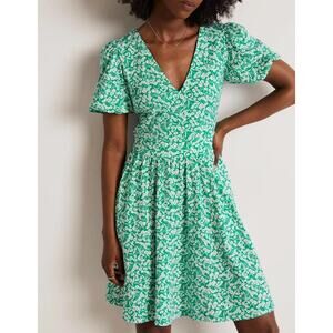 Boden Jersey Mini Dress Green V-Neck Floral Cutout Back Puff Sleeve Sz 16